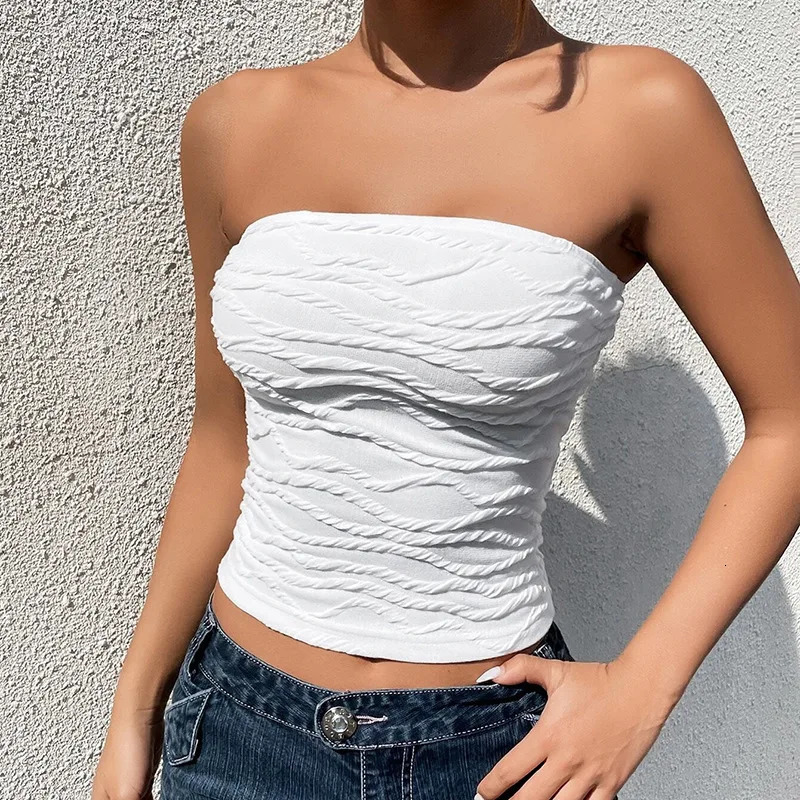 2024 Summer Y2K Street Clothing Crop Top Three way Sleeveless Slim Tube Tank Strapless Back Sexy Ruffle White Tight corset 250414