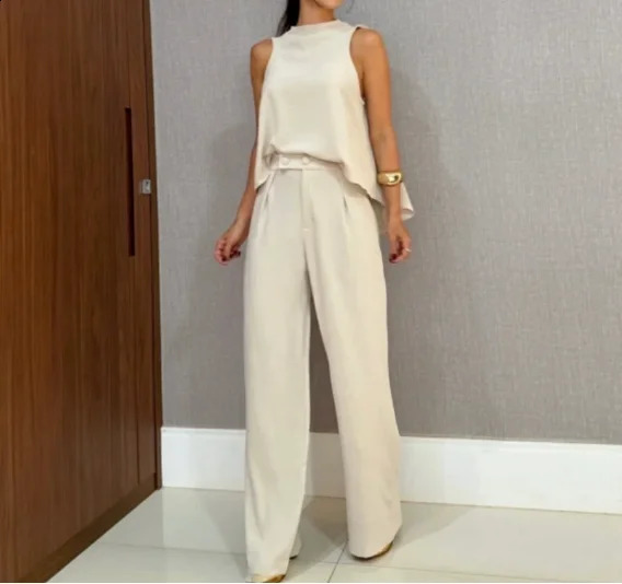 Elegant womens solid color two-piece summer loose sleeveless top high waisted wide leg pants Urban casual womens pants set 250414