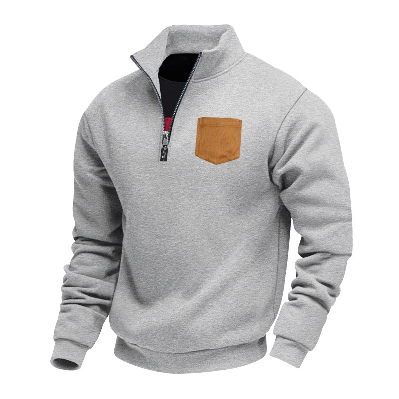 Spring and Autumn new casual men's half zipper stand up collar patch bag fleece hoodie pullover plus size top for men