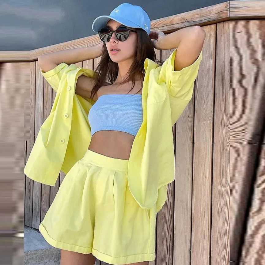 Sportswear fashion casual womens short sleeved long sleeved top loose high waisted mini short sleeved two-piece short sleeved setXJ250414