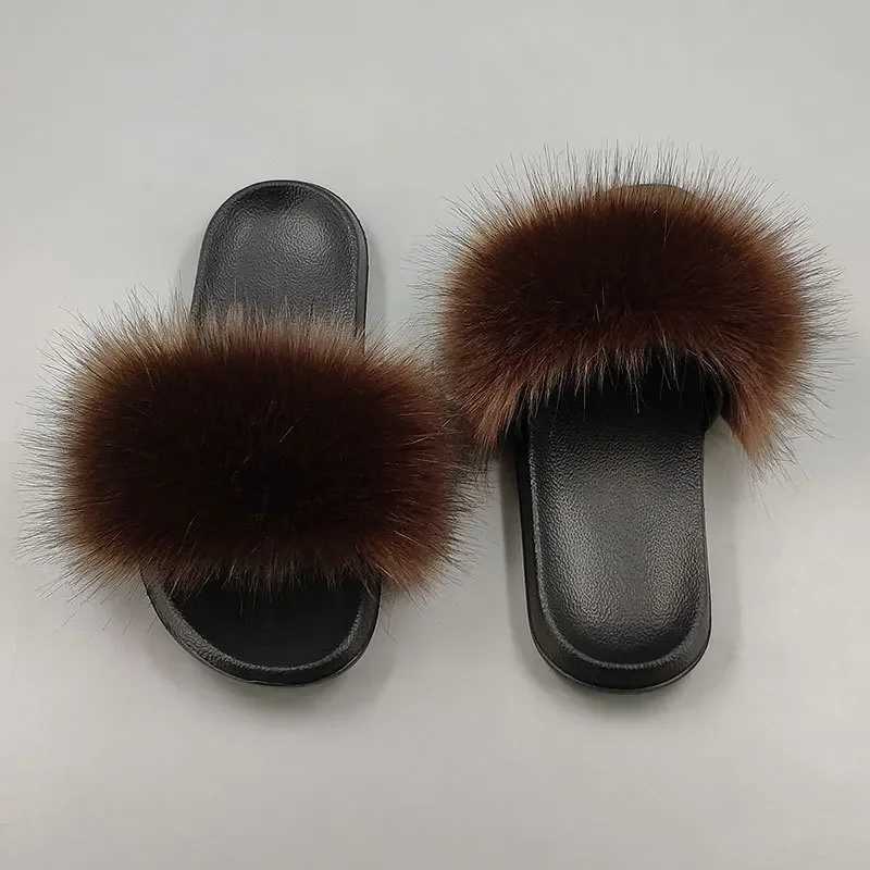 Womens summer casual fluffy slider with fur flat anti slip real fox fur slider large-sized shoes fur sandals W250414