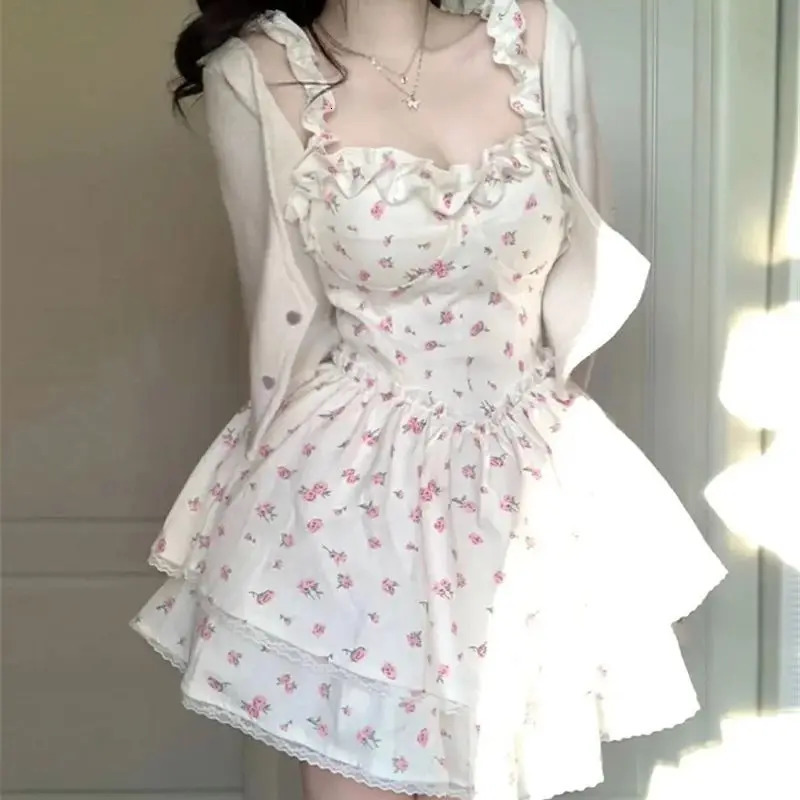 2024 Summer Lace Sweet Dress Retro Sleeveless Elegant Cute Mini Printed French Temperature Fashion Belt 250414