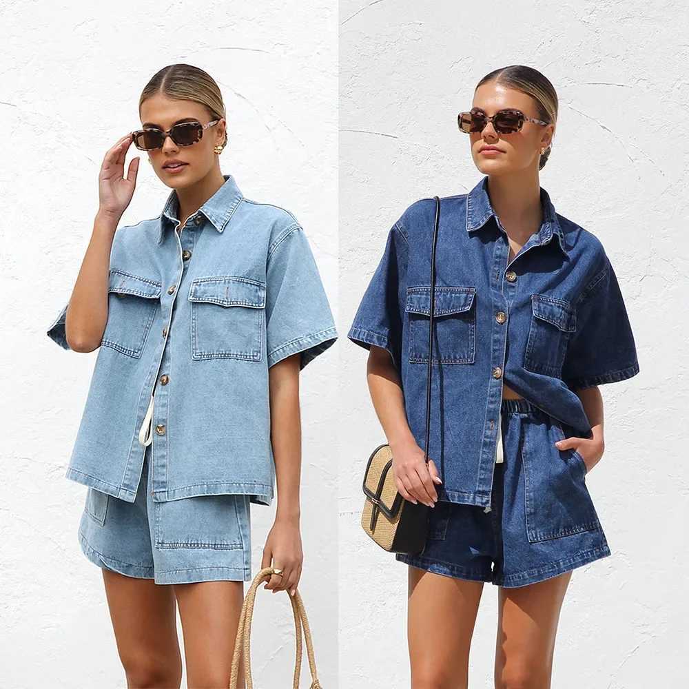 Womens 2-piece clothing set denim shorts Sve jacket shirt high waisted shorts jeans sexyXJ250414