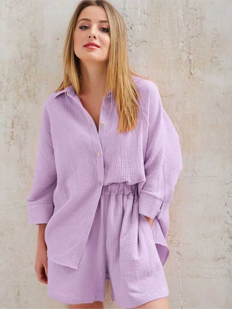 Womens summer outfit new pure cotton warm city casual solid color long sleeved short sleeved shirt set two-piece setXJ250414