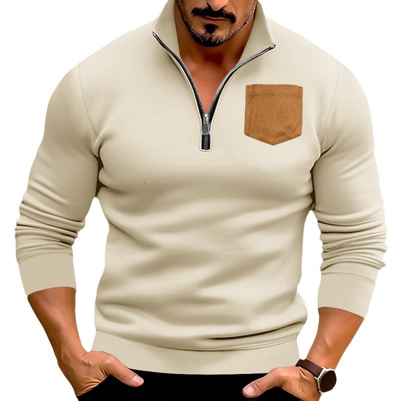 2025 autumn winter new casual men's half zip hoodie with stand up collar, patch pocket and velvet pullover top