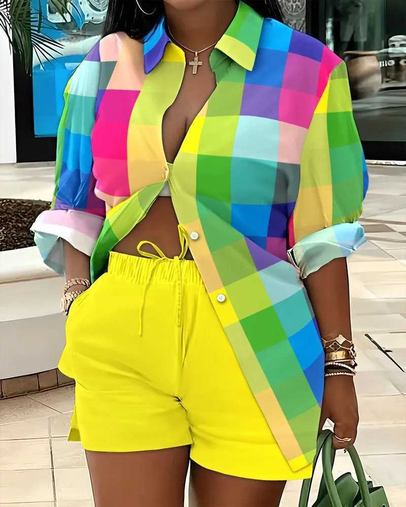 2024 Spring/Autumn Casual Womens Set Fashion Shirt Printed Button Up Shirt and Shorts Street Clothing Shorts Pants Set Two Piece SetXJ250414