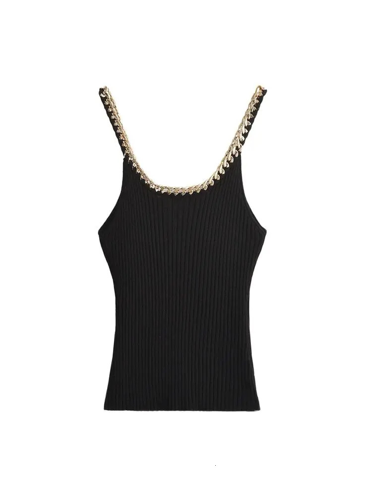 TRZA Ribbed Knitted Tank Top with Chain Vneck Thin Belt Womens Camis Sexy and Fashionable 250414