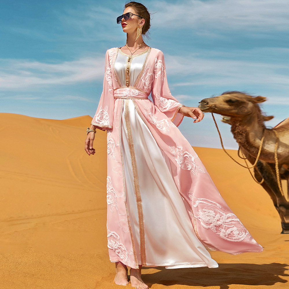 Ethnic Clothing Desert Rose Embroidery Two-piece Dress Arabian Robe Set Middle Eastern Women's Clothing