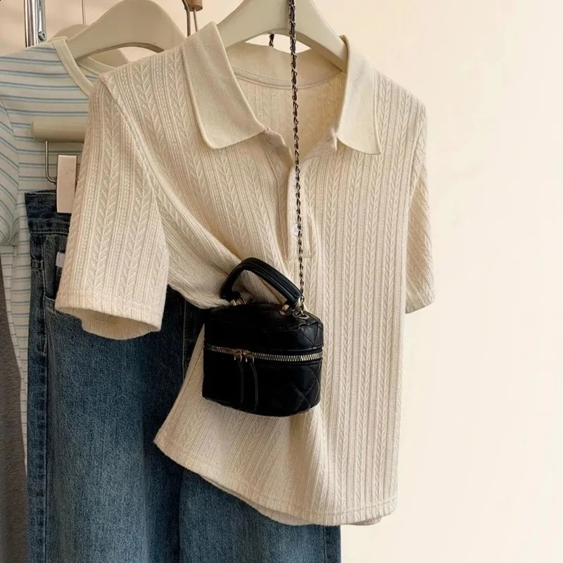 Womens Summer Loose Button Solid Color Polo Neck Short Sleeve Clothing Simple Appearance Thin Large Tshirt 250407