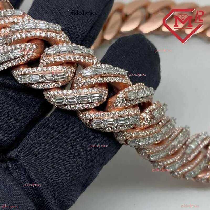 Rappers 24mm Iced Out Rose Gold Emerald Cut Moissanite Cuban k Mens Hip Hop Miami Chain
