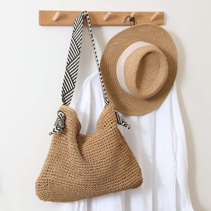 Handmade Beach Bag Korean Ins Navy Style Grass 2024 New Handmade Single Shoulder Woven Women's Versatile Vacation Beach Bag Kq2