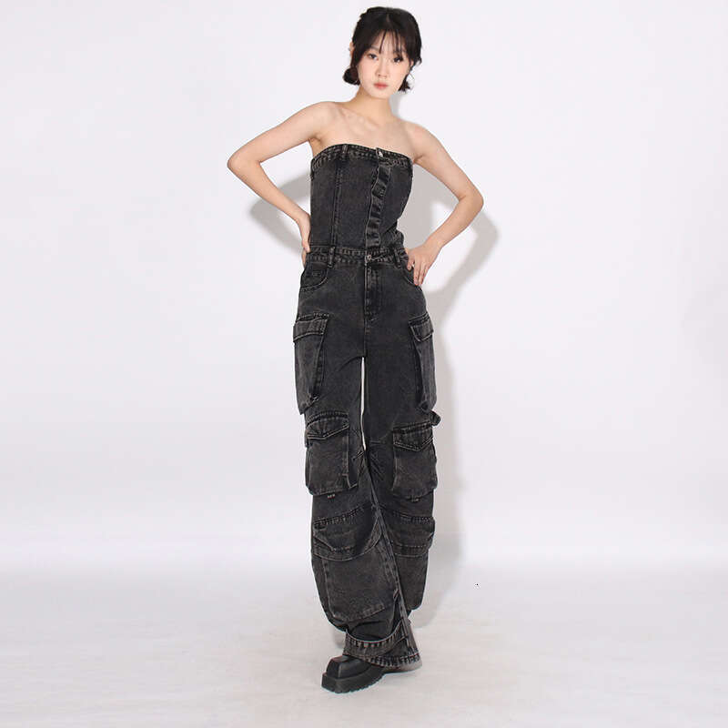 Designer Splice Pocket Denim Jumpsuit for Women - Chic Strapless Cutout Style with Tailored Fit