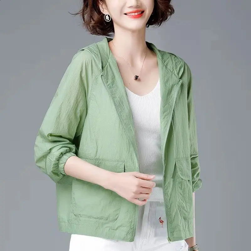 Korean Fashion Summer Casaco Feminino Solid Color Womens Spring Jacket 2025 All-Match Jackets Hooded Thin Sunscreen Coat 250410