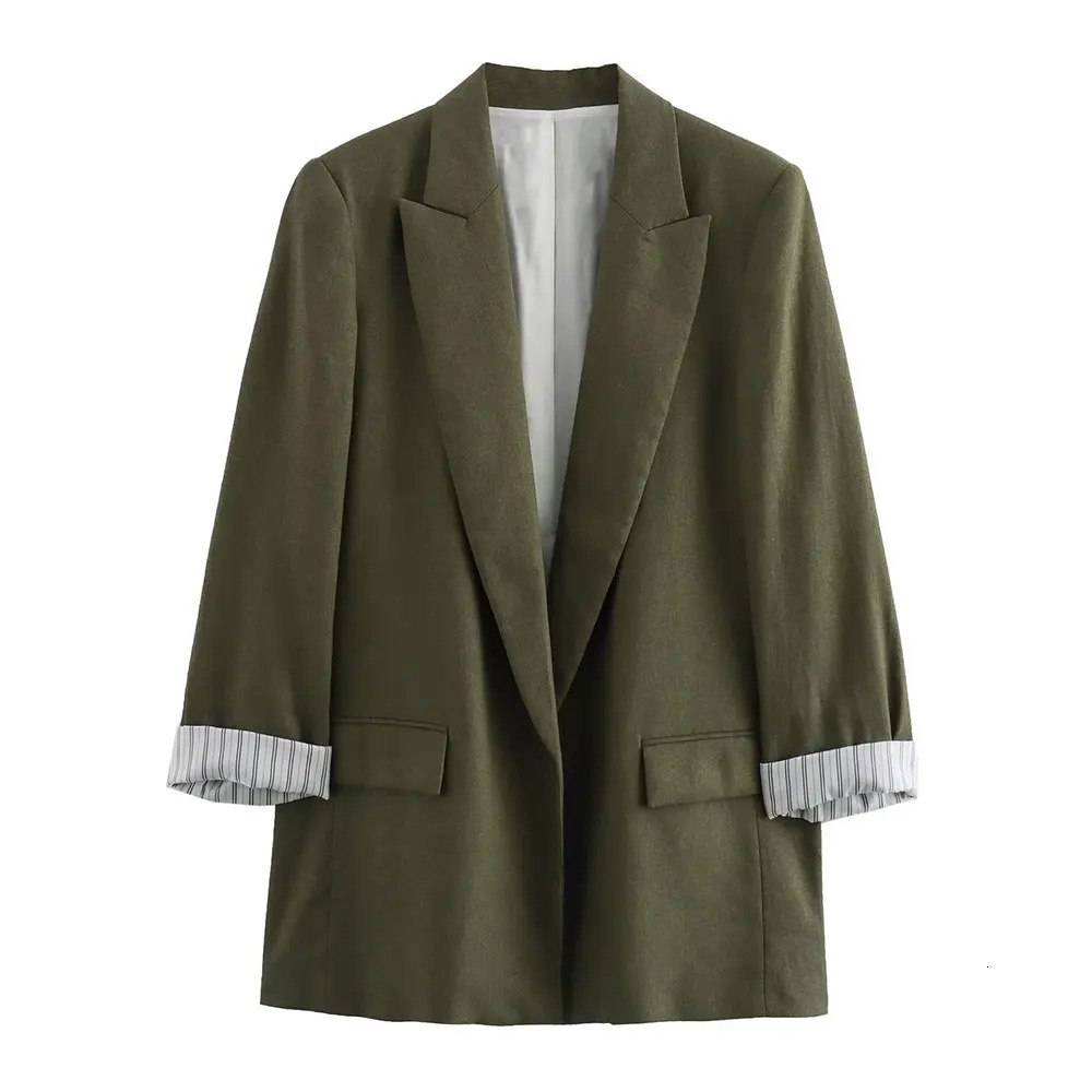 DUOPERI Womens Fashion Solid Jacket with Slotted Collar Long Rolled Sleeves Unique Office Business Set 250414Z