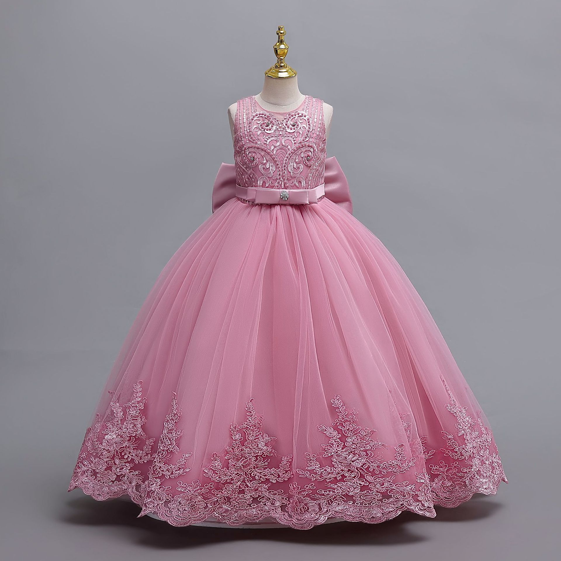 Children's formal dress with lace trim, wedding dress with princess style, female model fashion show dress, kids' dress Z250716