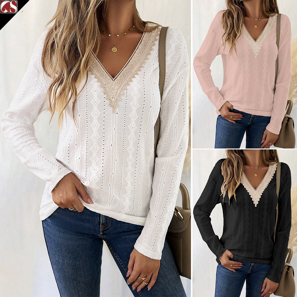 2025 Early Spring V-neck Lace Splicing Jacquard T-shirt with Elegant Casual Women's Top