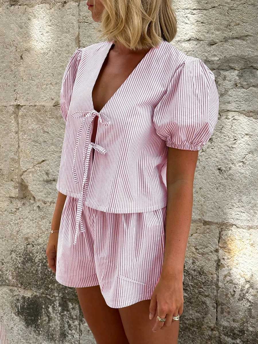 Womens summer shorts set lounge set striped printed short puffs Sves bow tie front top elastic waist shorts set pajamasXJ250414