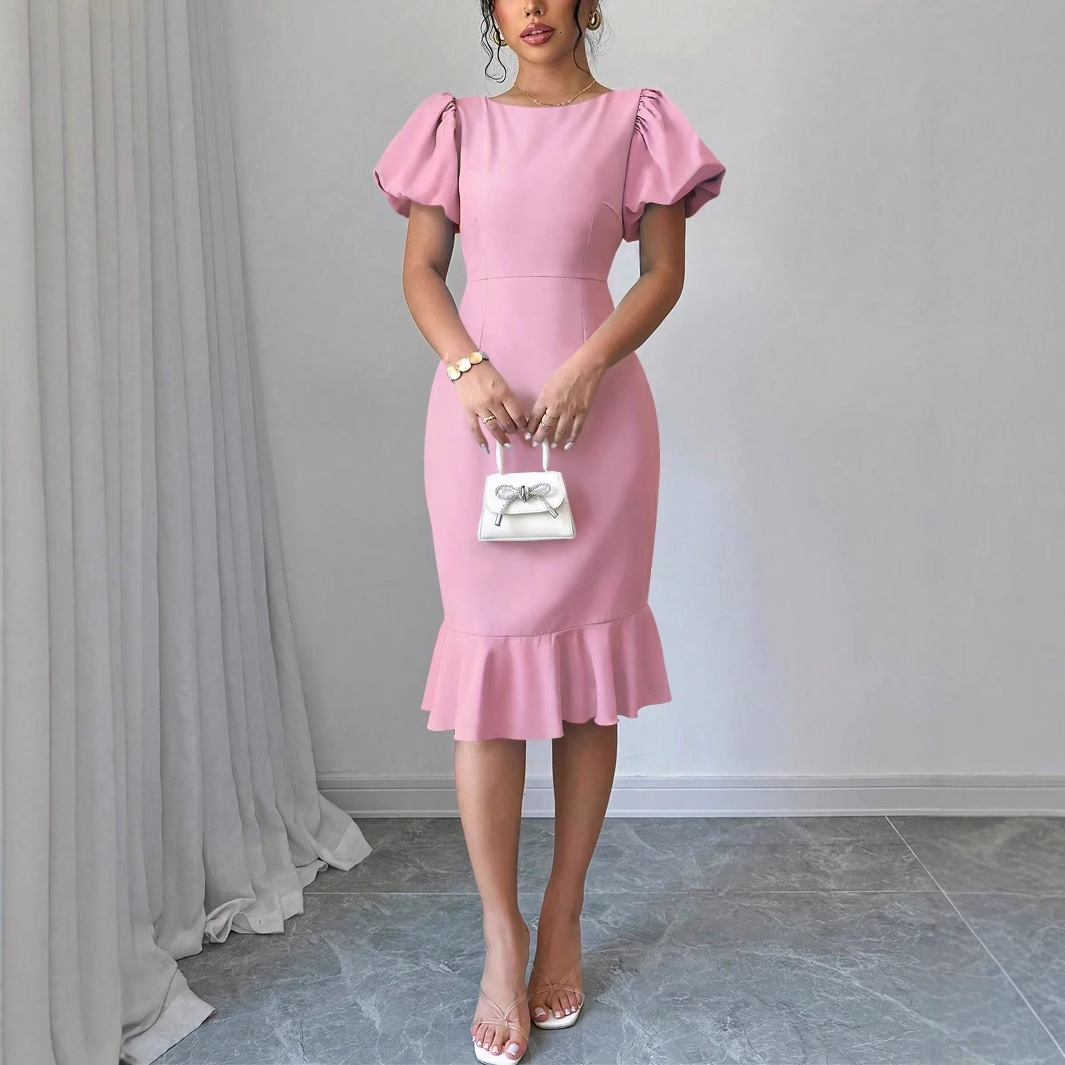 2025 women's influencer round neck lantern sleeves with ruffled edges, sexy and elegant fishtail skirt