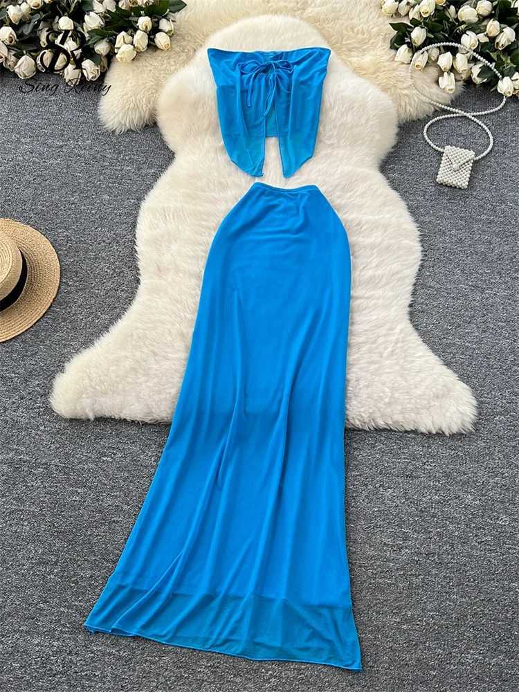 SINGREENY summer sexy beach set irregular hollow split strapless top+long body skiing womens vacation style mesh setXJ250414