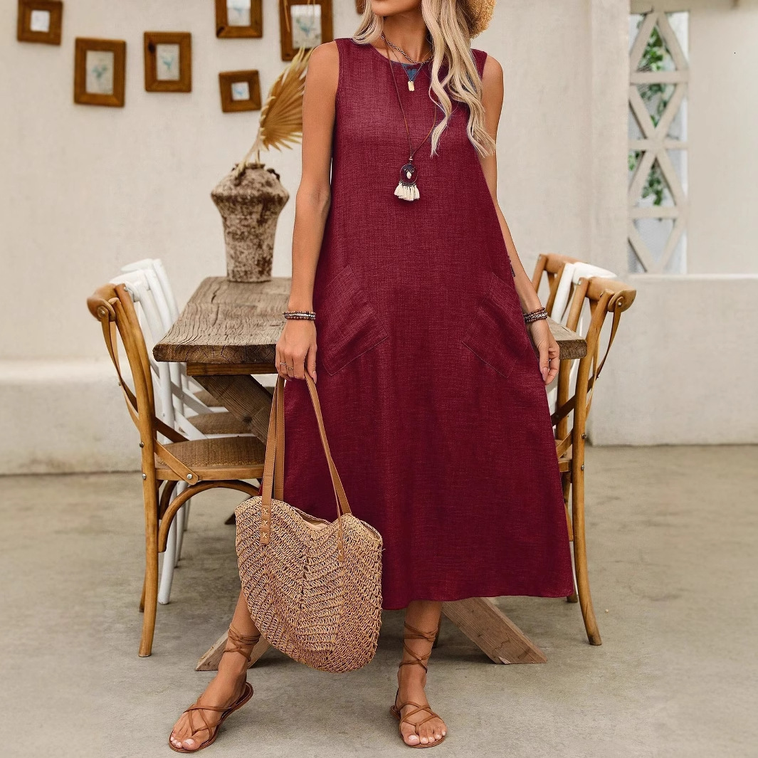 Women's clothing 2025 spring/summer pullover round neck sleeveless pocket long skirt casual loose dress