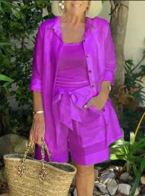 Womens five piece pants three piece set for summer 2025 new womens solid color casual three piece set top suspension shorts setXJ250414