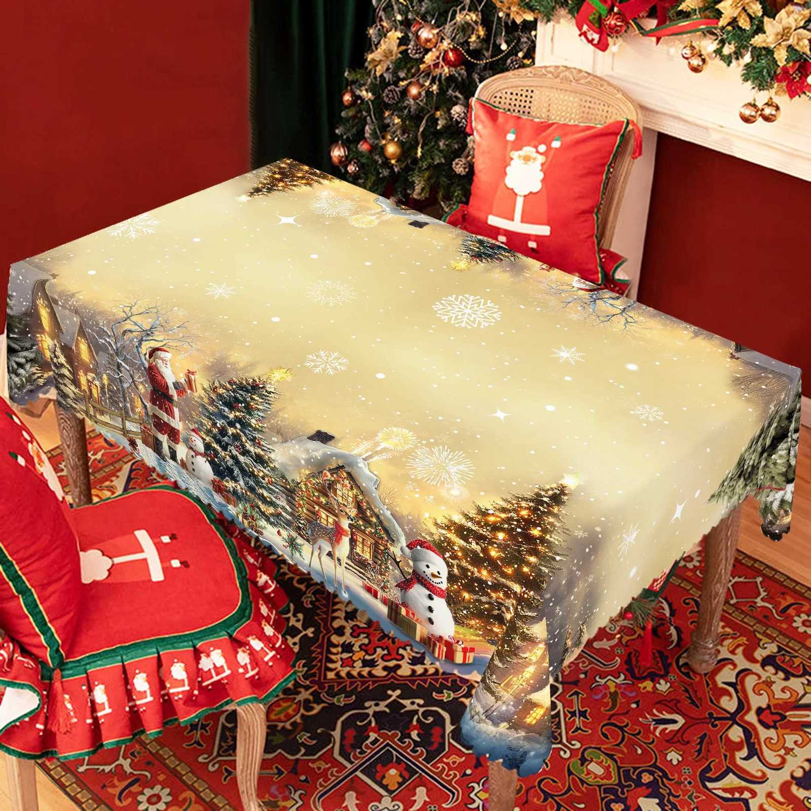 Christmas 1Pc Vintage Khaki Christmas Tablecloth with Santa Claus Reindeer Sleigh Patterns Christmas Decor 2025 Christmas Party Decoration Y251113