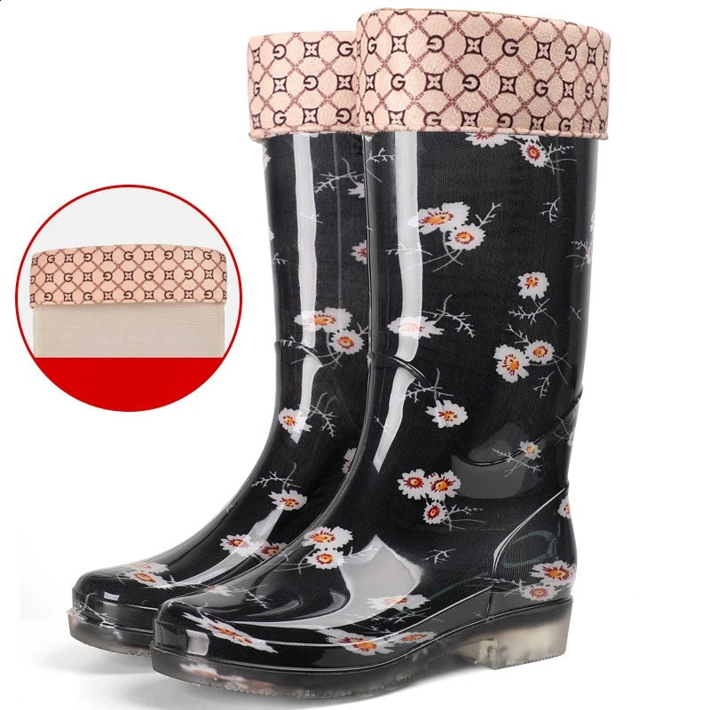 Womens Galoshes Floral Print Rain Boots Women Waterproof Work Garden Water Shoes Ladies Non-slip Rubber Boot High Rain Shoes 250410