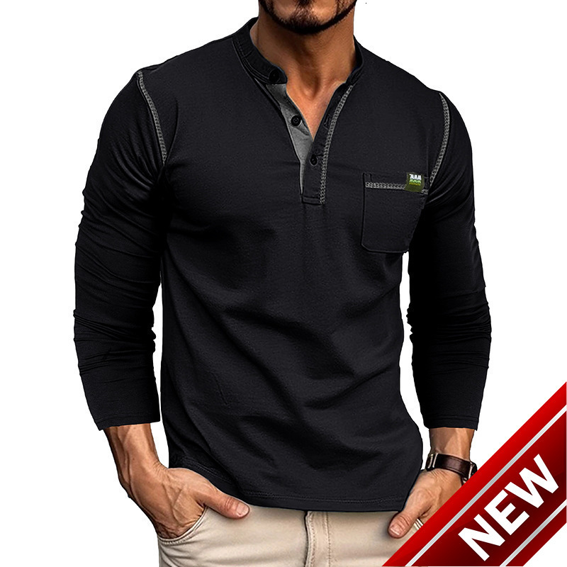 2025 Henley mens T-shirt long sleeved Henley shirt color blocked knit T-shirt for men