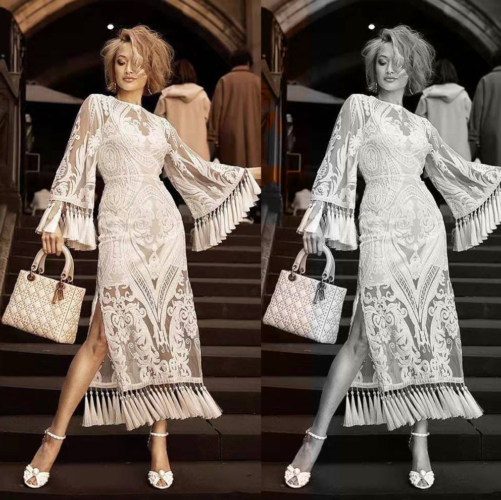 2025 Spring New Womens Embroidered Dress White Tassel Dress Lace Dress