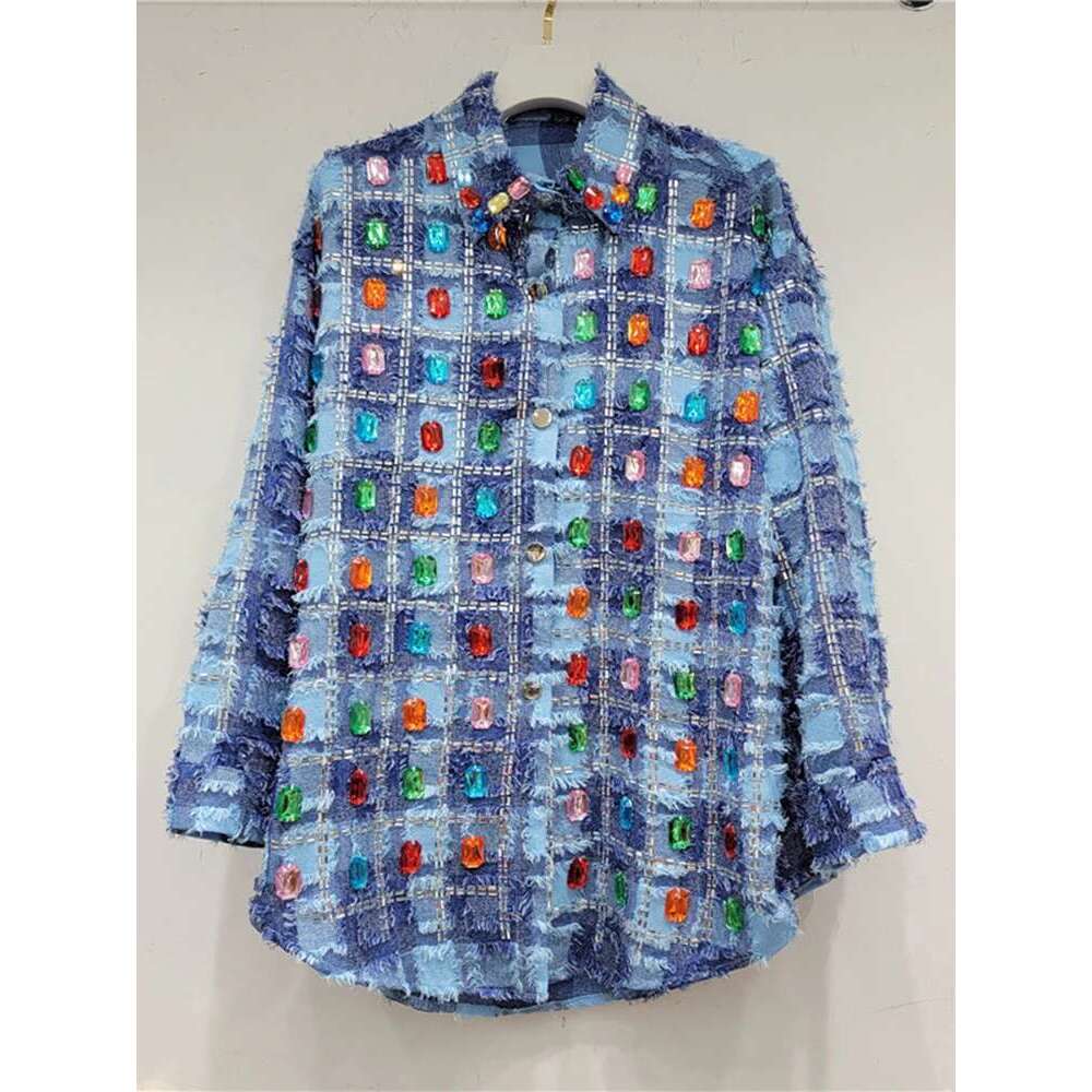 DEAT Women's Denim Shirt Loose Patchwork Plaid Burrs Edge Colored Dia Single Breasted Blouse 2024 Summer New Fashion 29L6604