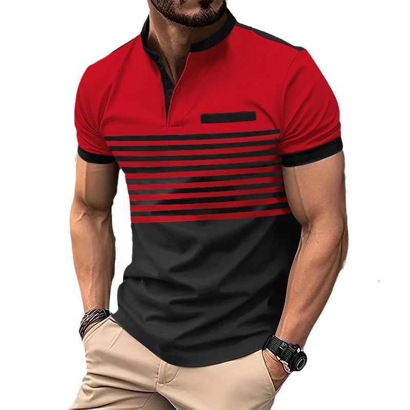New contrasting striped short sleeved men's casual POLO shirt V-neck button top for men