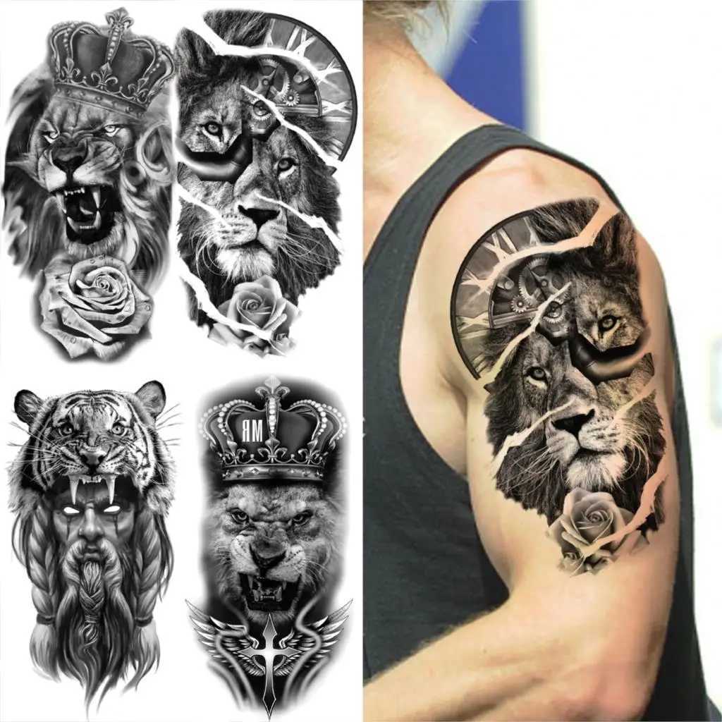4 Upper Arm Sleeves Crown Tattoo Lion Tiger Wolf Head Waterproof Temporary Tattoo Stickers Body Art Female Fake TattooXJ25414