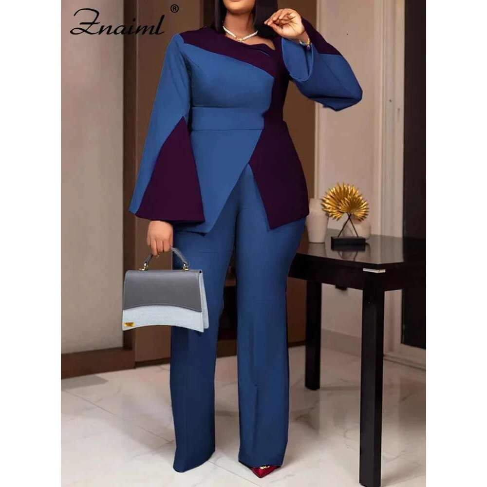 Znaiml Women's Fashion Patchwork Long Flare Sleeve Tops And Wide Leg Pants Blue Two 2 Piece Set Casual OL Work African Outfit