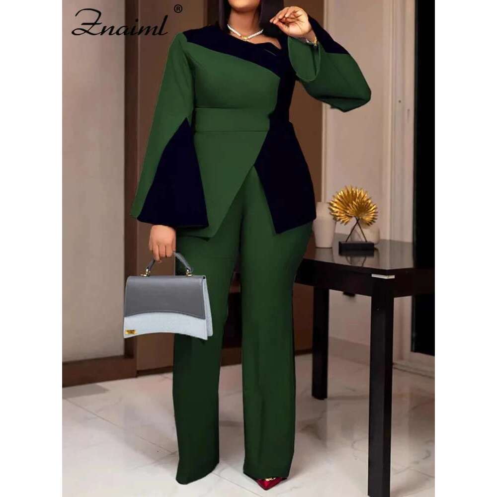 Znaiml Women's Fashion Patchwork Long Flare Sleeve Tops And Wide Leg Pants Blue Two 2 Piece Set Casual OL Work African Outfit