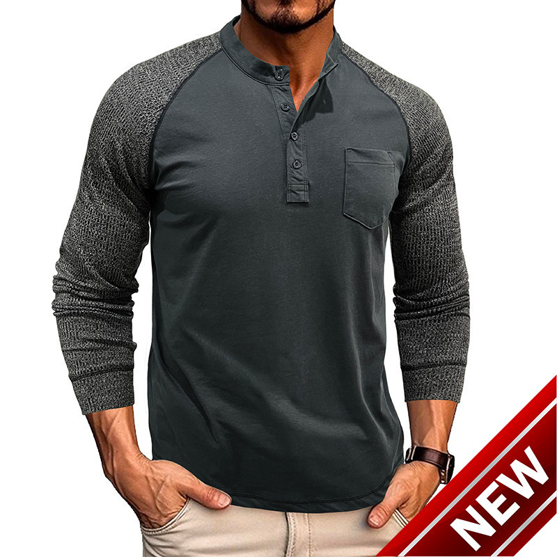 Mens round neck ribbed patchwork sleeves with raglan Henley base long sleeved mens T-shirt top tough cotton shirt for men