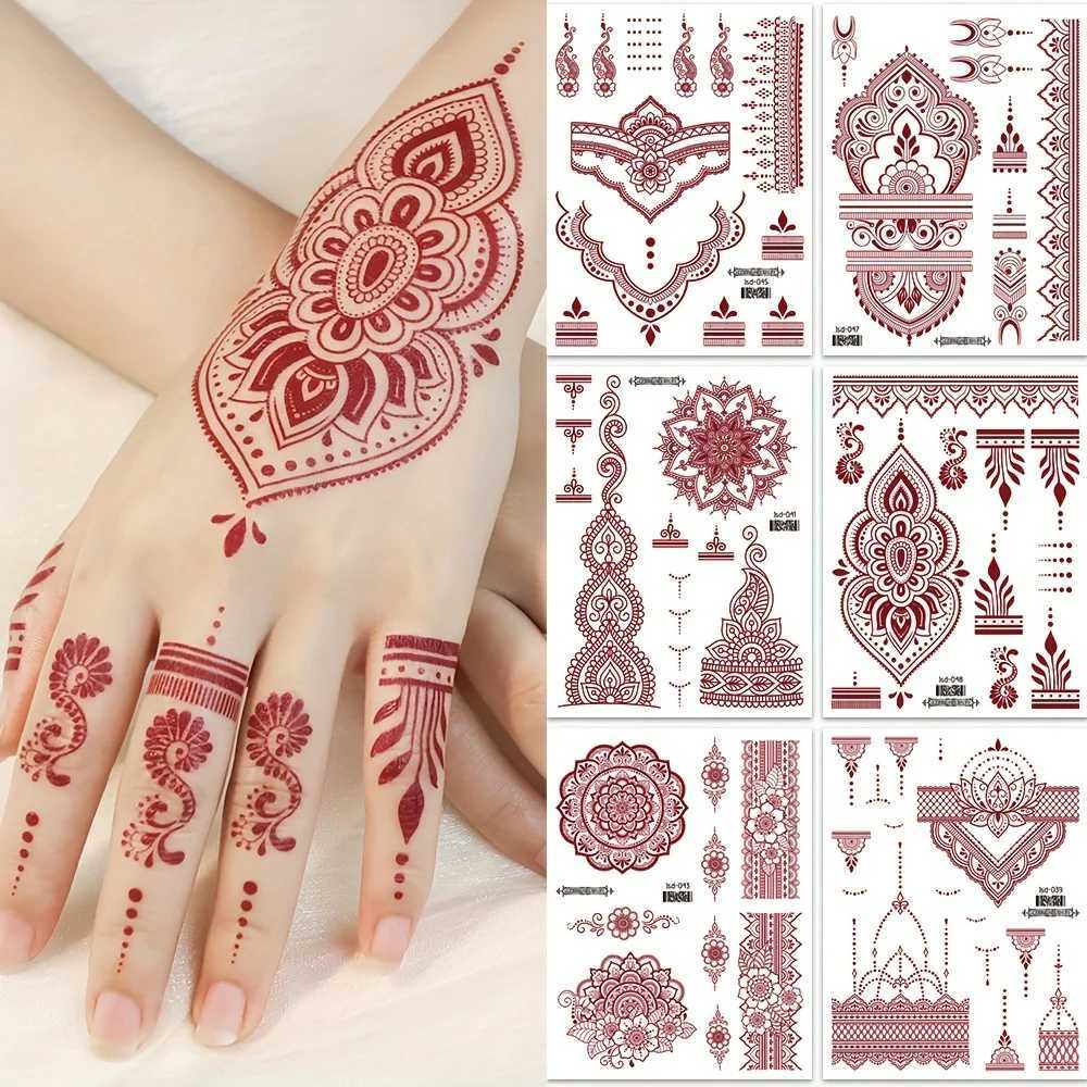 6 Red Fingernail Flower Temporary Tattoo Stickers Designed by Maroon Mehndi Waterproof Fake Tattoo Female Hand and Finger Tattoo Body ArtXJ25414