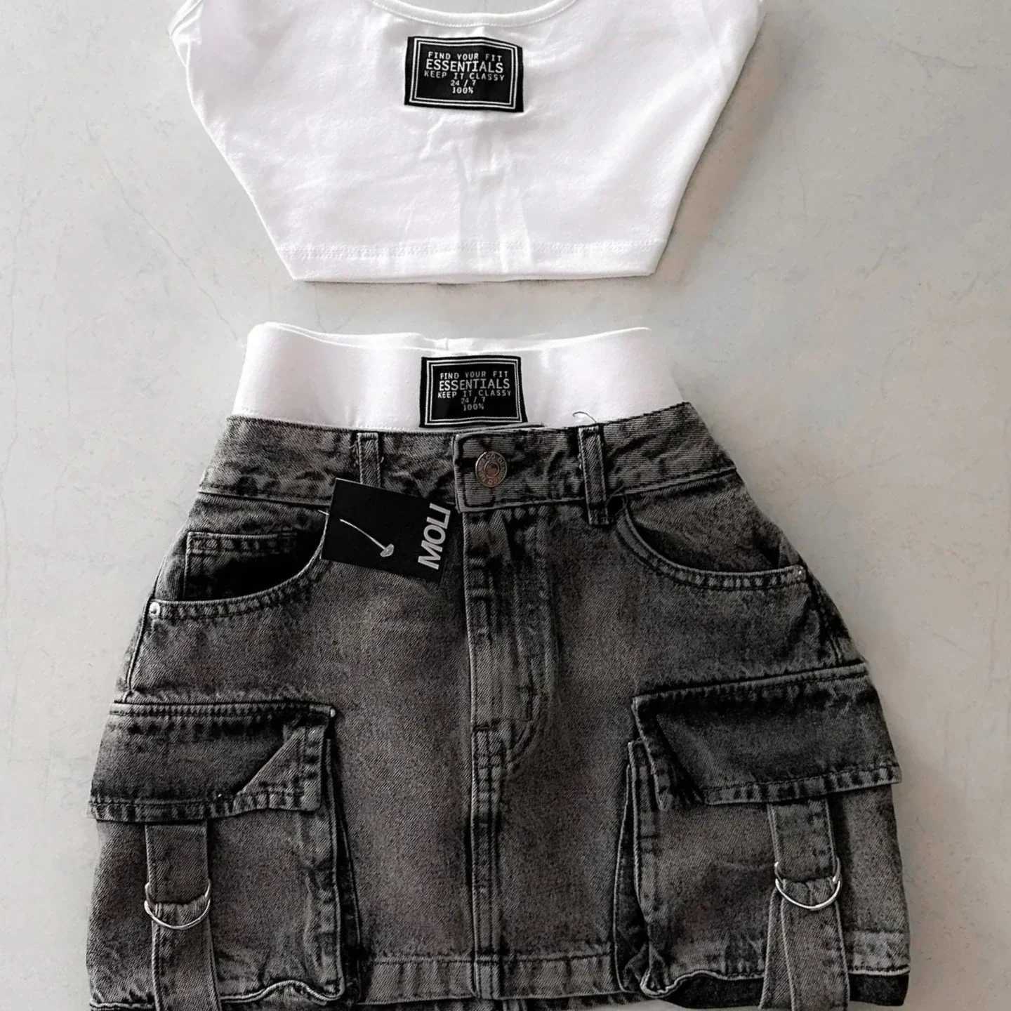 Y2k New Fashion Womens Two Peice Sets Multiple Pockets Harajuku Denim Skirt Sets Goth Straps Casual Versatile Strap StreetwearT250321