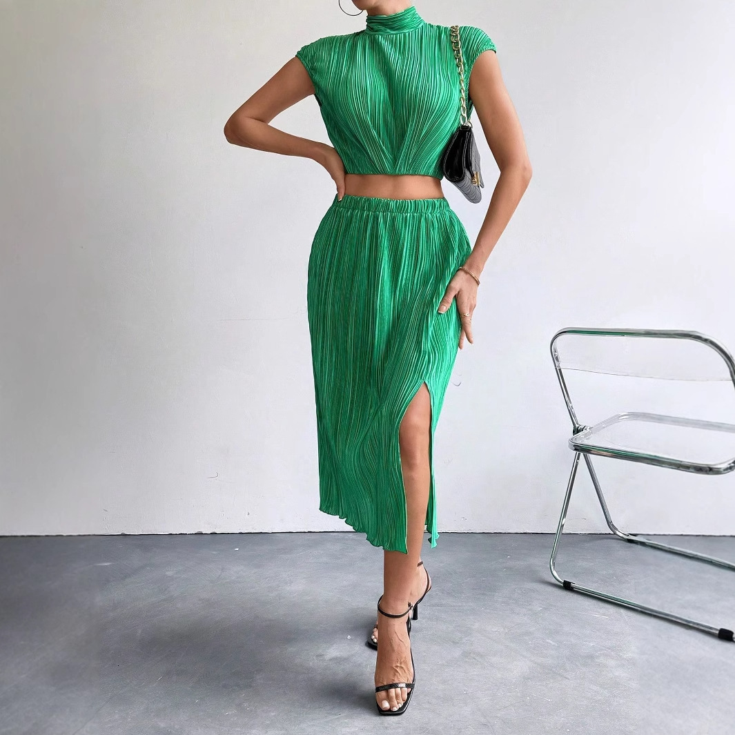 Temperament slit half skirt sleeveless slim fit top two-piece set summer sexy skirt set for women