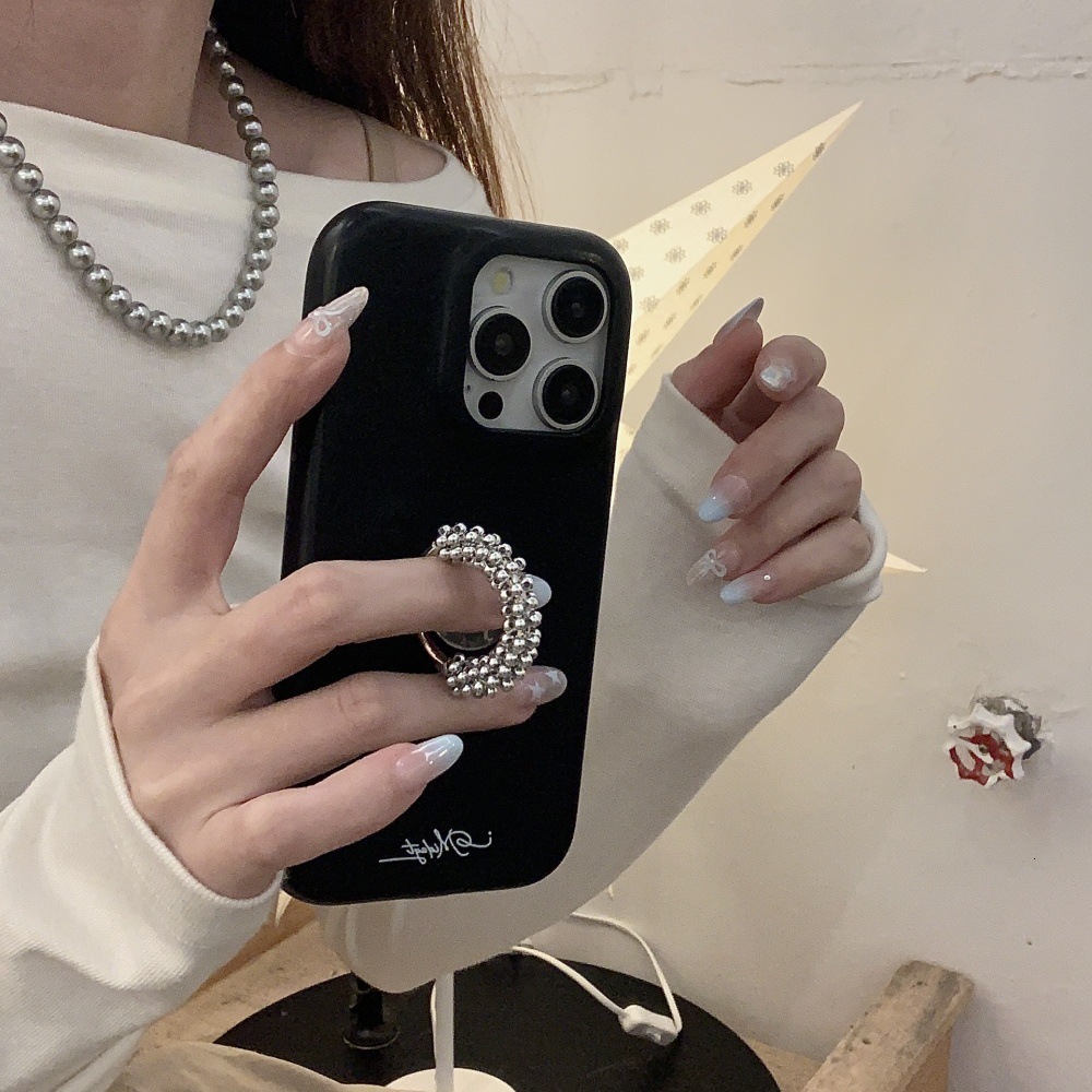 Bead Ring Stand Phone Case Compatible with iPhone 16/15 Pro Simple Niche Solid Color iPhone 14 Shockproof 13