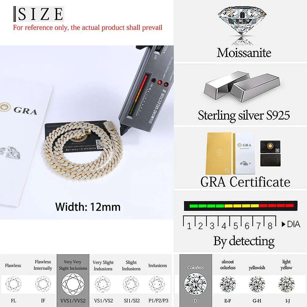 Hip Hop Jewelry VVS Certificate Double Row Iced 12MM S925 Sterling Silver Necklace Moissanite Diamond Miami Cuban Link Chain