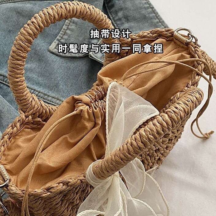 Handmade Beach Bag Paper Rope Hand-Held Crossbody Shoulder Beach Woven Bag, Semi-Circular Lace Grass Bag Kq2