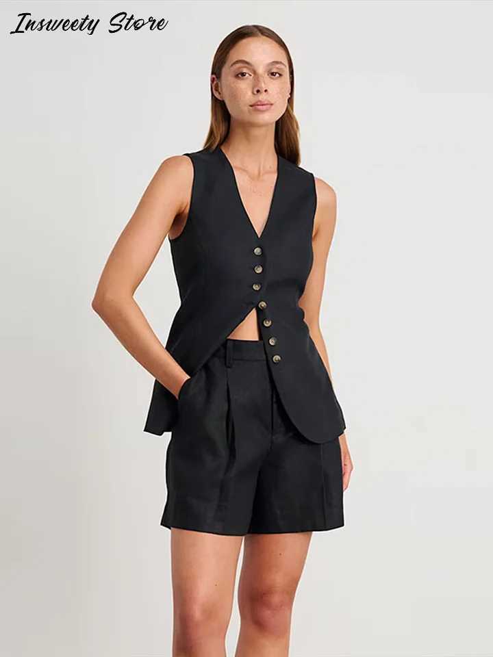 Ultra thin sleeveless top set for women single chest V-neck top high waisted shorts 2025 spring/summer new womens casual setXJ250414