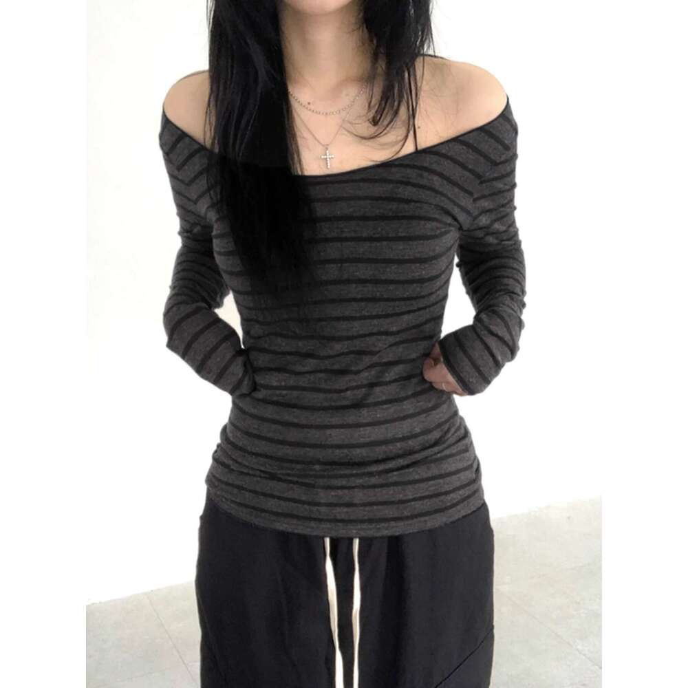 Sweetown Japanese Basic Slim Long Sleeve Stripe Tee Off Shoulder O Neck Korean Street Style Spring Autumn Y2K Gray T Shirt Women
