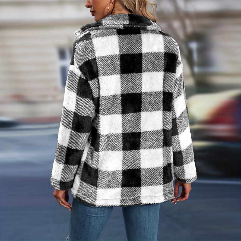 Temperament plaid woolen coat autumn and winter loose long sleeved thick cardigan top