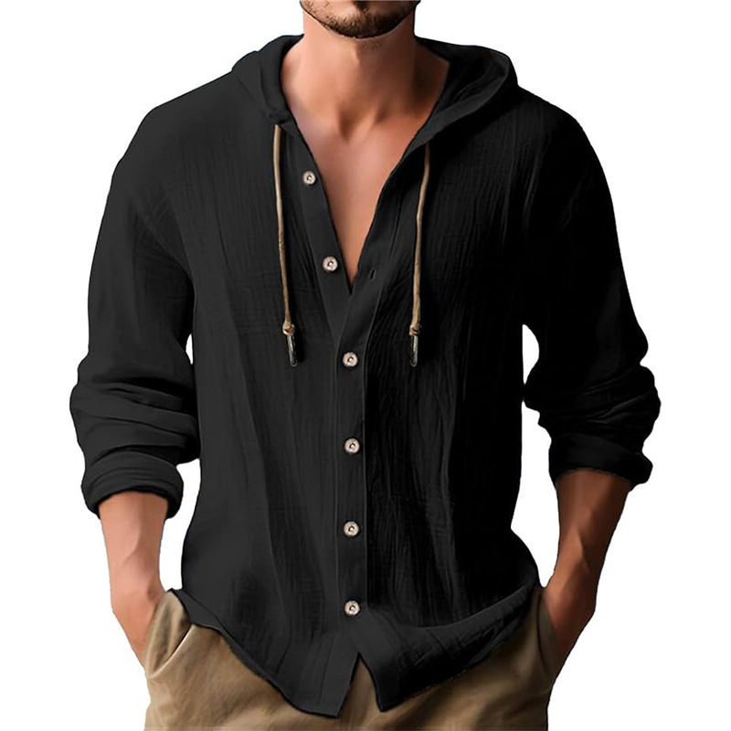 Mens solid color casual long sleeved shirt hooded drawstring cotton and linen cardigan trendy versatile loose beach T-shirt