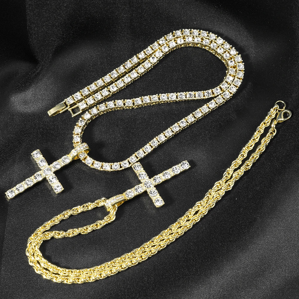 Hip Hop Iced Out Cross Pendant Necklace Strap 4mm Zircon Tennis Chain Men Women Sparkling Necklace Punk Jewelry Fashion Gift 251110