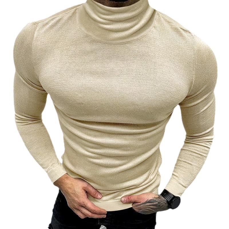 2025 New Men's Solid Color T-shirt High Neck Long Sleeve Spring/Autumn/Winter Base Knitted Sweater Korean Version Hoodie