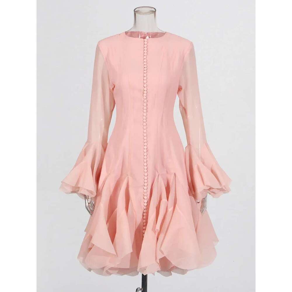 TWOTWINSTYLE Solid Slimming Spliced Folds Dresses For Women Round Neck Long Sleeves Patchwork Buttons Dress Female Clothing New