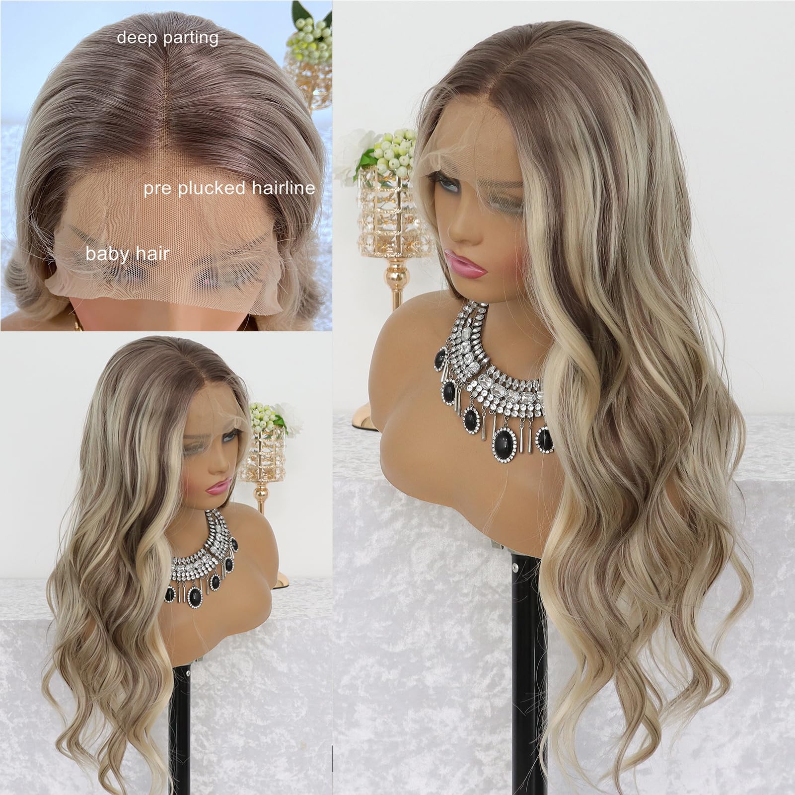 13*4 HD Lace Wig Body Wave Mixed Lace Front Simulation Human Hair Wigs For Black Women Pre Plucked Hair Blonde Colored Synthetic Brazillian Wigs Free 