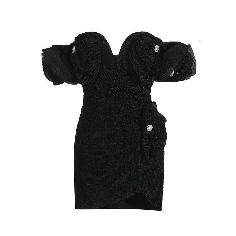 Designer Sophisticated Niche Splice One-Shoulder Short Dress with Sparkling Diamond Details for Women